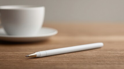 Screen free life, A minimalist scene featuring a white pen resting on a wooden surface with a coffee cup in the background.