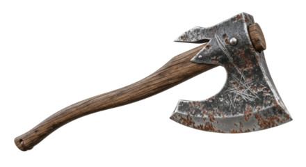 Photorealistic 3d render of a battle-worn executioner's wrought iron axe blade showing extreme oxidation and pitting, dark oak handle, on white background. concept of historical antiquity