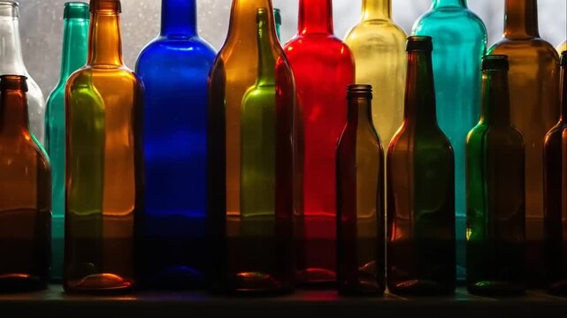 A vibrant collection of colorful glass bottles arranged in a row.