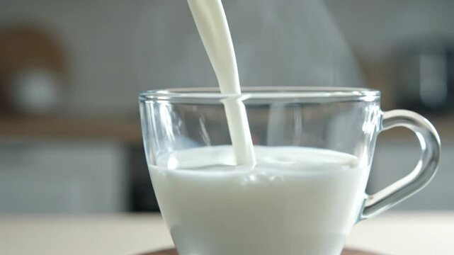 Close up view of fresh, white milk pouring into a clear glass mug on a kitchen counter.