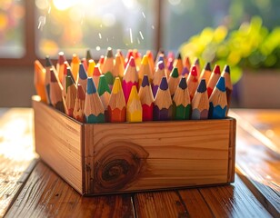 Colorful Pencils in Wooden Box on Table.