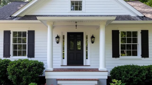 Exterior of a classic white house with black shutters and a dark front door.