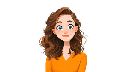 Cartoon illustration of a light blue eyed girl with brown curly hair, wearing an orange shirt, isolated on white background.