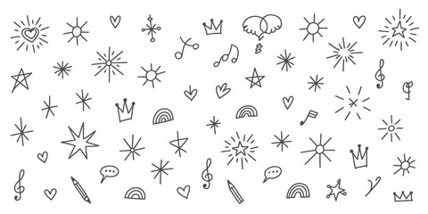 Diverse Set of Whimsical Hand-Drawn Doodles Including Rainbows, Hearts, and Musical Notes
