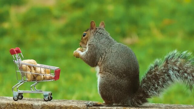 Animal pulling peanut from shopping cart full of nuts, consumerism, retail. Squirrels rodents wildlife protection concept connected with nature safety and environmental care. Rodent drawing nut out of