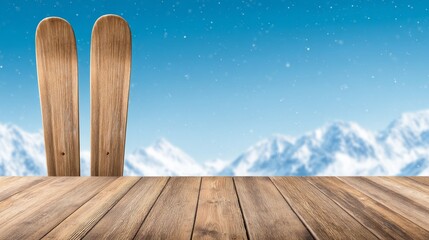 Winter sunshine sale on ski equipment snowy mountains action scene scenic background