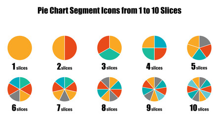 Pie chart segments showing 1 to 10 slices in a clean infographic style. Useful for data visualization, statistics, analytics, business reports, presentations, and dashboard graphics.