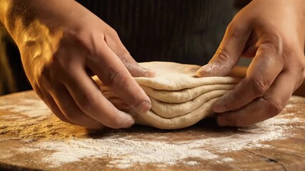Closeup shot of skilled hands meticulously kneading fresh dough on a floured wooden board showcasing the traditional art of baking and culinary craftsmanship while preparing homemade bread or pastry .