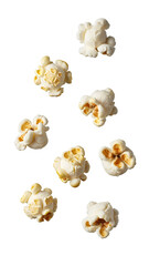 Scattered popcorn pieces falling or floating PNG. Group of salty popped corn snacks. Cinema food design elements with crunchy texture isolated