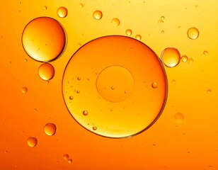 Orange abstract bubbles in liquid, macro. Different-sized clear bubbles float on a saturated orange background.