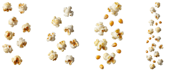 Falling popcorn and corn kernels set PNG. Collection of flying salty snack pieces. Cinema food explosion elements for movie night design PNG. Popcorn and corn kernels flying isolated