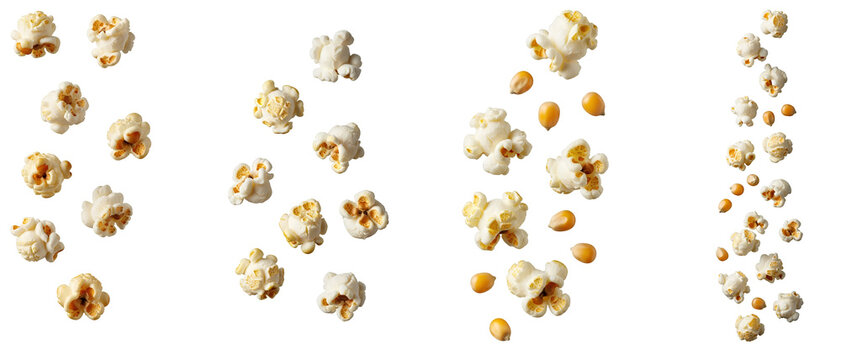 Falling popcorn and corn kernels set PNG. Collection of flying salty snack pieces. Cinema food explosion elements for movie night design PNG. Popcorn and corn kernels flying isolated