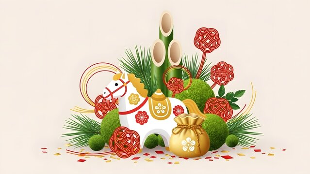 Japanese New Year Kadomatsu & Horse Zodiac Decoration 3D
