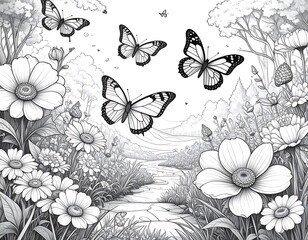 Black and White Butterflies in Garden Landscape.