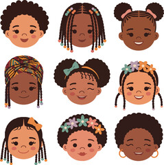 Children Clipart Bundle - Happy African American Female Characters - african american, girl, black, face, child, kid, hair, hairstyle, afro, braids, vector, illustration, cute, portrait, head, set, 