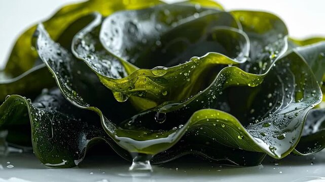 Close-up image of vibrant green kelp leaves, glistening with water droplets, showcasing natural texture and freshness.