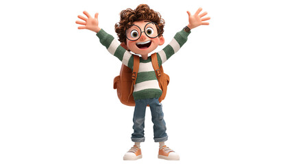Cartoon boy character with brown hair, wearing green striped sweater and backpack, Isolated
