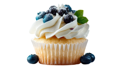 Delicious fresh blueberry muffin and sweet cupcake dessert with fruit isolated on white background, a tasty baked snack and gourmet pastry treat