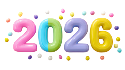 colorful glossy 2026 numbers with playful paint splashes festive typography celebration isolated on white background