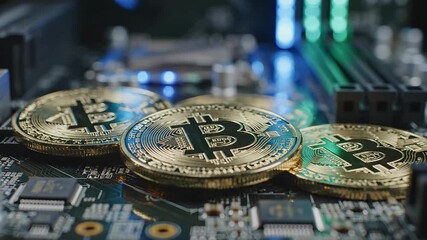 Golden Bitcoin cryptocurrency coins resting on a detailed computer motherboard symbolizing the intersection of digital finance blockchain technology and hardware infrastructure for mining and investm. - Powered by Adobe