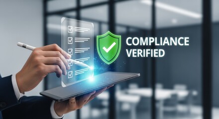 Close up of hand using a tablet with digital compliance checklist, shield icon, and verified approval interface, representing regulatory compliance, risk control, secure corporate governance workflow