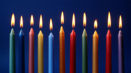 wax. Colorful tapered candles drip wax onto a dark blue surface, glowing softly in warm light. event programs, museum guides, designed for cultural heritage projects and event programs.