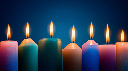 wax. Colorful tapered candles drip wax onto a dark blue surface, glowing softly in warm light. event programs, museum guides, designed for cultural heritage projects and event programs.