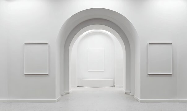 Architectural interior with arched hallways and framed, empty white wall art