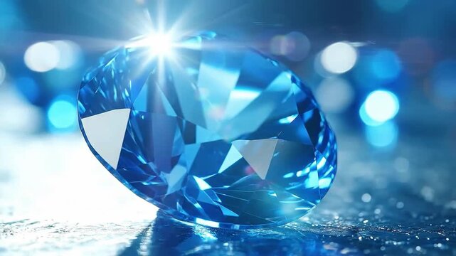 Close-up of a radiant blue gemstone reflecting light, creating a sparkling effect.