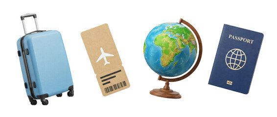Fototapeta na wymiar Travel essentials: suitcase, airplane ticket, globe, and passport isolated on white background.