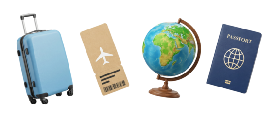 Travel essentials: suitcase, airplane ticket, globe, and passport isolated on white background.