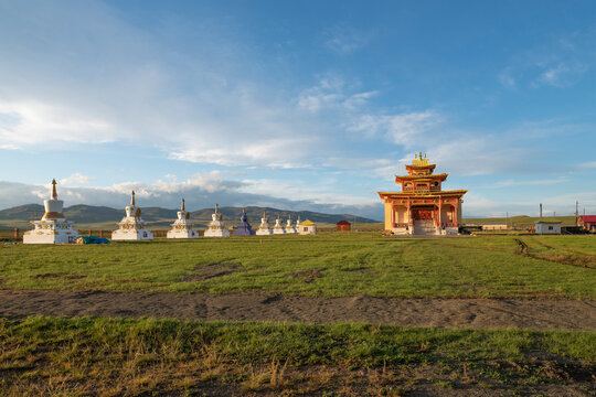 On the territory of Yangazhinsky datsan (Dashi Shirbubulin Datsan) on a sunny September evening. Orongoy, Buryatia. Russian Federation