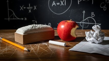 School desk with bitten red apple, chalk eraser, and crumpled paper. Blackboard background with mathematics formulas.