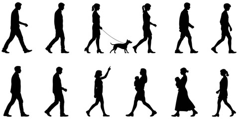 Fototapeta premium Diverse Silhouette Collection of People Walking, Including Parents with Babies and Pet Owners with Dogs