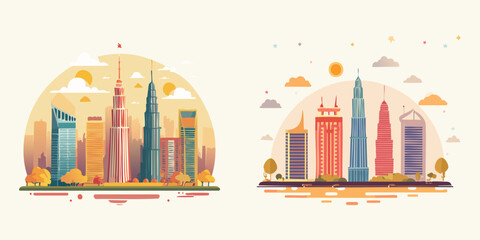 Obraz premium A colorful vector illustration set of Malysia Kuala Lumpur Cityscape