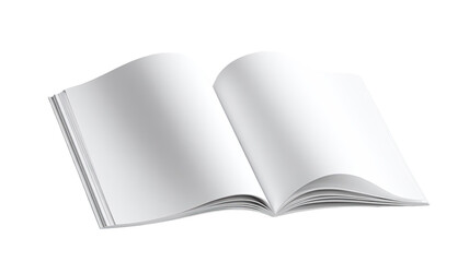 An isolated blank open book with empty white paper pages and a notebook cover, perfect for a library education document or diary design copy