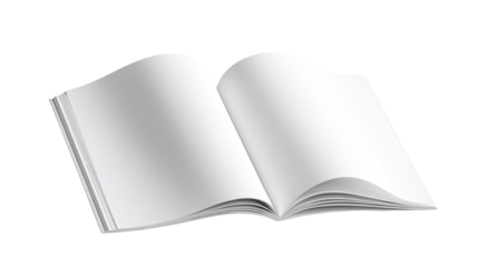 An isolated blank open book with empty white paper pages and a notebook cover, perfect for a library education document or diary design copy