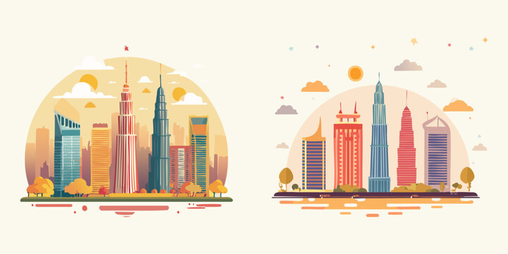 A colorful vector illustration set of Malysia Kuala Lumpur Cityscape