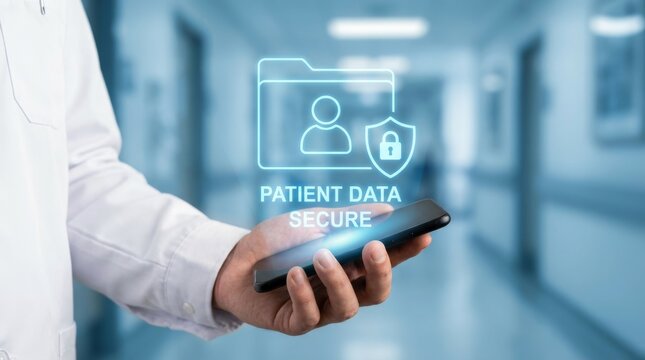 Medical doctor hand with mobile smartphone digital patient data security interface cloud protection privacy lock hologram and electronic health record safety system network access - Powered by Adobe