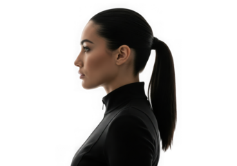 Profile of a young woman with ponytail isolated on transparent background