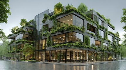 Obraz premium Green Urban Development: Contemporary Sustainable Skyscraper in a Smart City Environment