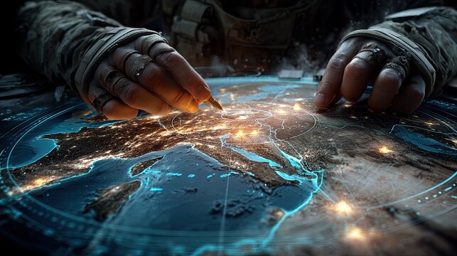 Generals Discussing Tactical Data on Large Screens in Ops Room - Powered by Adobe