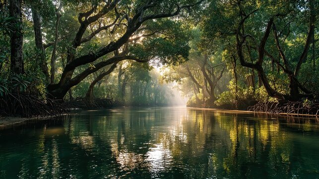 Lush Tropical Mangrove Swamp at Sunrise: Beautiful Reflection of Roots in Calm Water