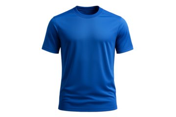 Blue athletic t-shirt with crew neck and short sleeves for sports training or gym workout and casual summer wear isolated on transparent background