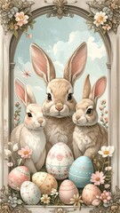 Three Rabbits with Easter Eggs Illustration.