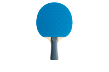 Blue table tennis paddle with textured rubber surface and wooden handle for ping pong sports game and indoor recreation isolated on transparent background