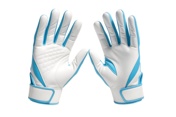 Pair of white and blue goalkeeper gloves with palm grip and wrist straps for soccer player protection and ball control isolated on transparent background