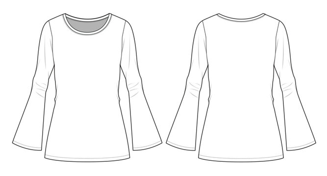 Bell sleeve t shirt for women technical flat drawing vector mockup template.