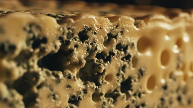 Cinematic close-up dolly shot gliding across the rough natural surface of blue cheese highlighted dramatically by warm golden hour lighting contrast, natural, delicacy