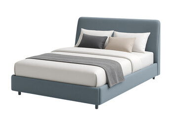 Modern upholstered bed 3d model with comfortable white sheets grey blanket and pillows for interior design bedroom furniture isolated on transparent background